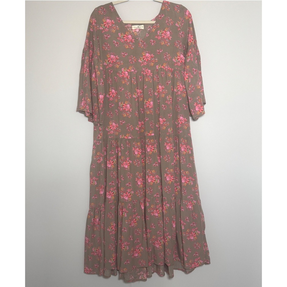 Natural Life Floral Tiered Maxi Dress Women XS Brown Pink Long Sleeve Boho - Picture 3 of 7